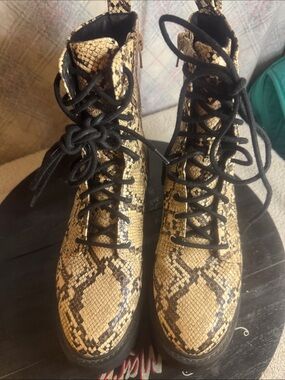 Steve Madden Black and Beige Snake-Print Combat Boot